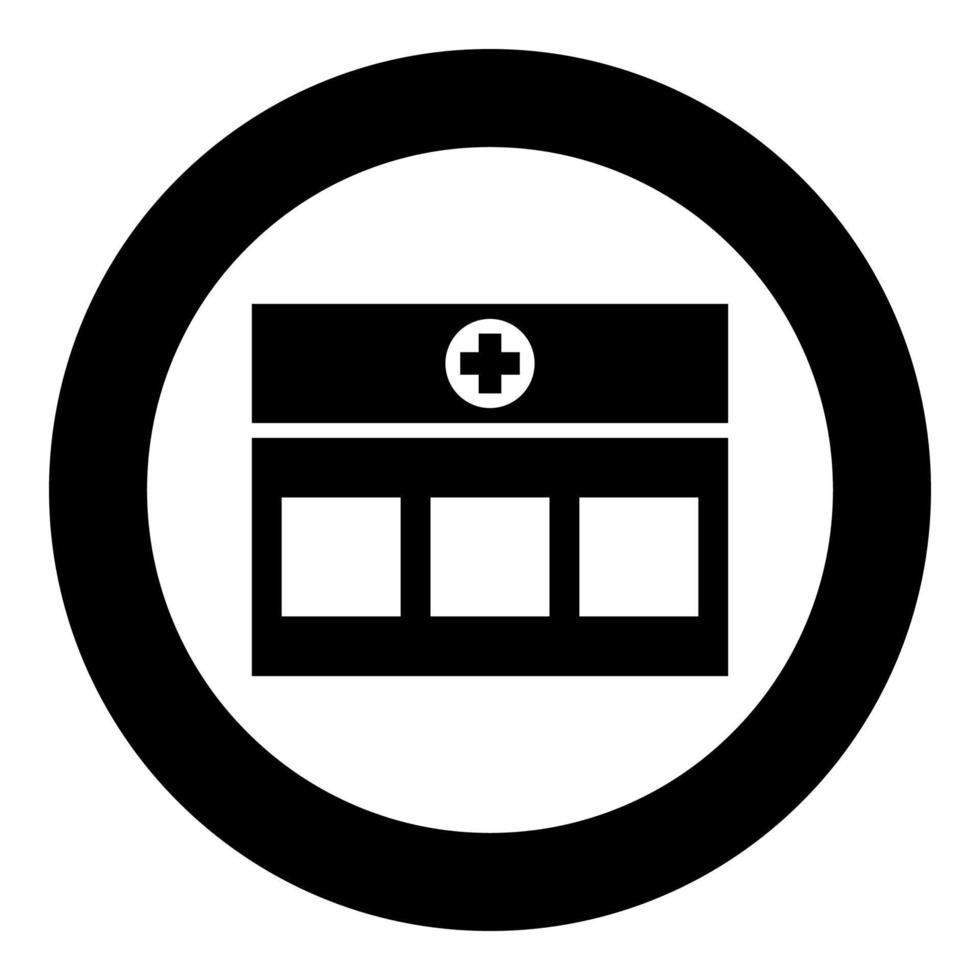 icona dell'edificio medico della clinica ospedaliera in cerchio rotondo colore nero illustrazione vettoriale immagine in stile piatto
