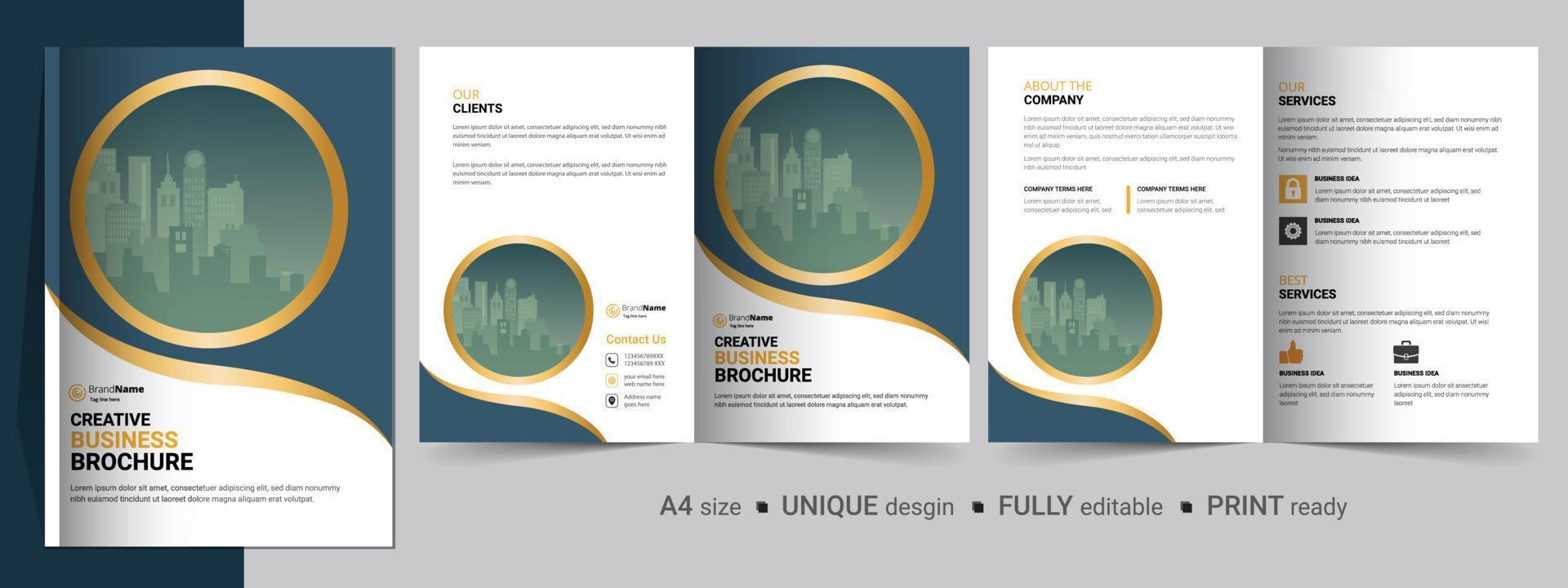 modello di progettazione di brochure bifold per la tua azienda, azienda, affari, pubblicità, marketing, agenzia e attività su Internet. vettore