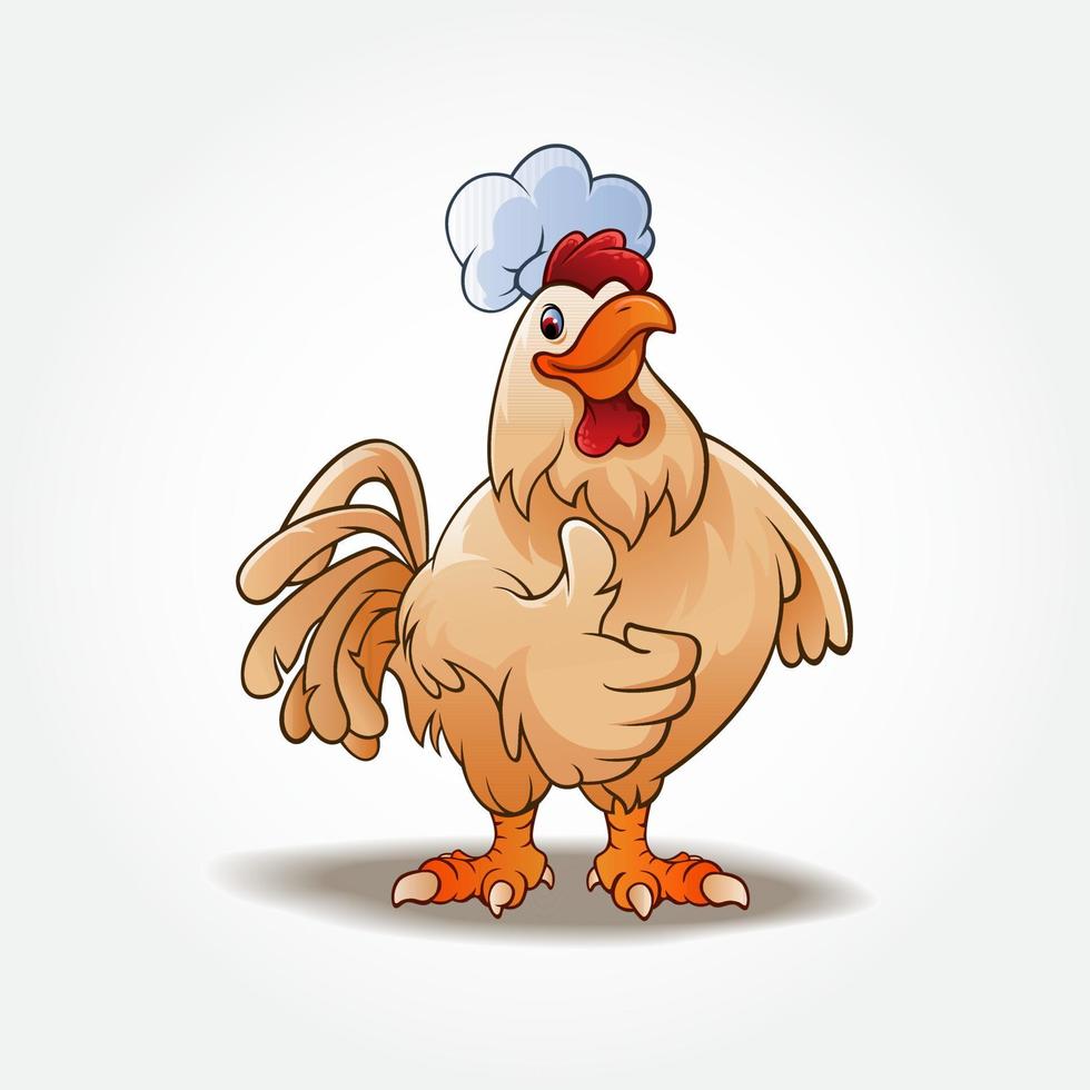 un pollo felice e divertente del gallo del cuoco unico del fumetto che dà un pollice in su. mascotte di galli colorati dei cartoni animati. illustrazione del logo vettoriale. vettore