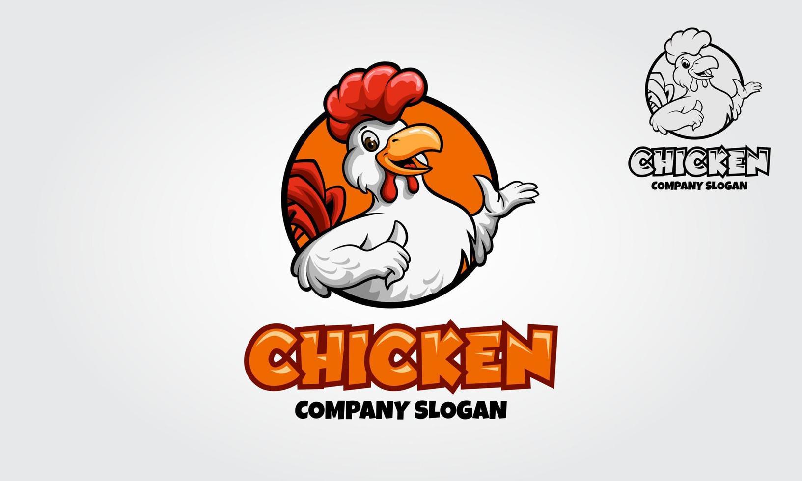 logo della mascotte del pollo. un pollo del gallo felice del fumetto che dà un pollice in su in un grafico del cerchio. vettore
