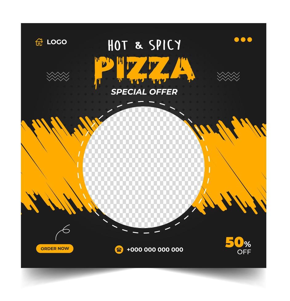 modello di post banner social media pizza. banner sociale per pizza, design banner per pizza, modello di social media fast food per ristorante. design banner per social media pizza con colore giallo e nero. vettore