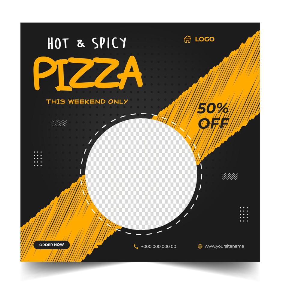 modello di post banner social media pizza. banner sociale per pizza, design banner per pizza, modello di social media fast food per ristorante. design banner per social media pizza con colore giallo e nero. vettore