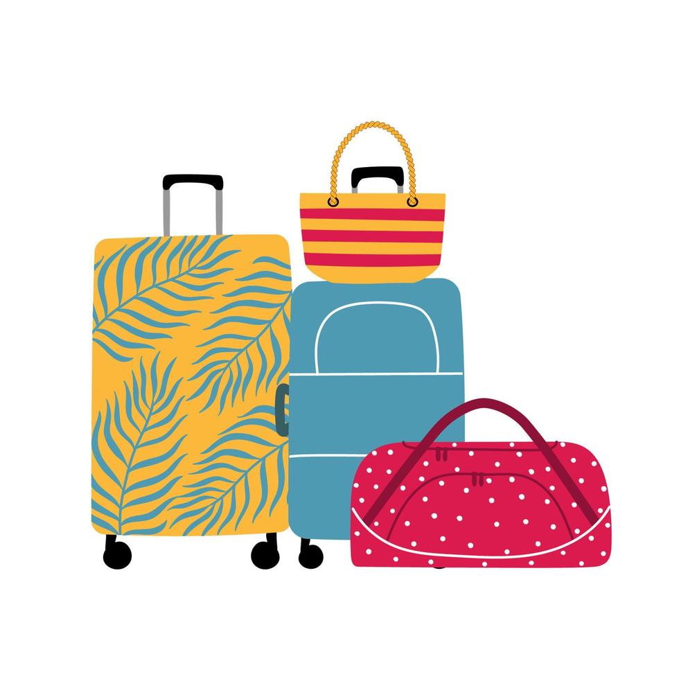 set da viaggio con borse e valigie colorate. illustrazione piatta isolata su sfondo bianco vettore