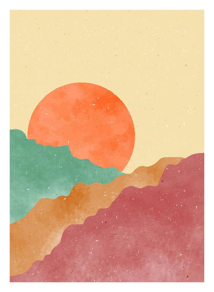 montagna, foresta, collina, onda, sole e luna sul grande set. stampa d'arte minimalista moderna di metà secolo. paesaggio di sfondi estetici contemporanei astratti. illustrazioni vettoriali