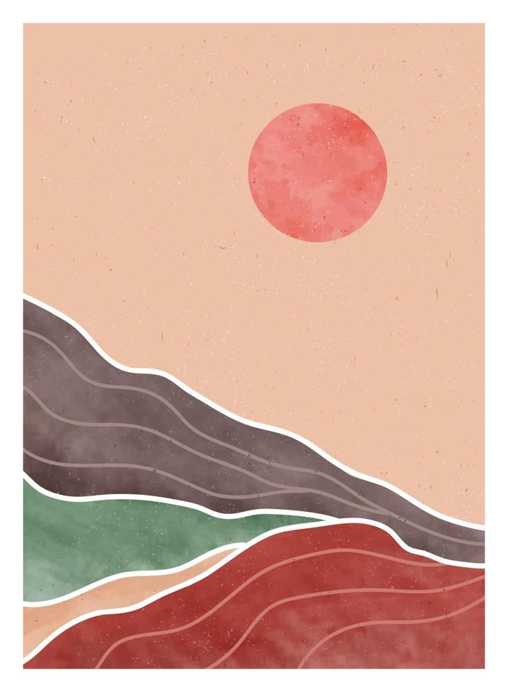 sfondo astratto paesaggio di montagna. illustrazioni creative e minimaliste dipinte a mano della stampa d'arte moderna della metà del secolo. foresta, collina e luna sul set vettore