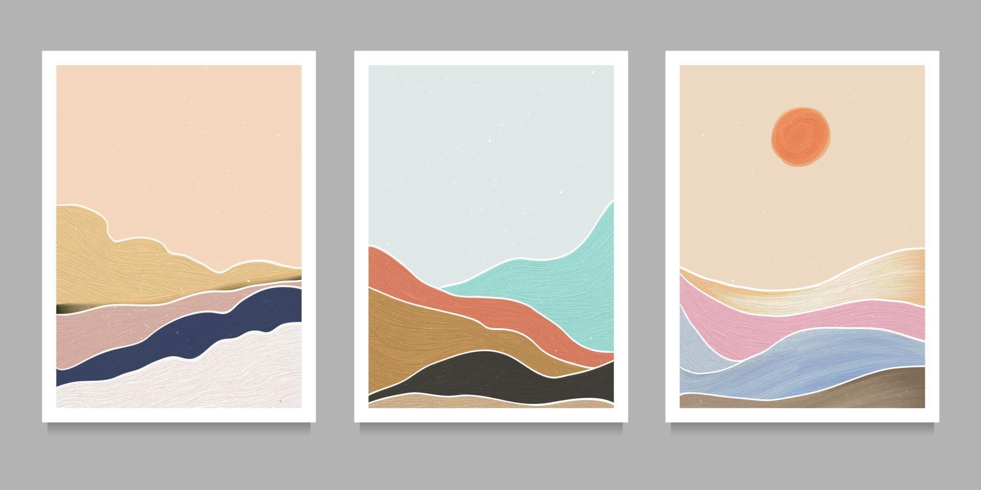 set di illustrazioni creative e minimaliste dipinte a mano della metà del secolo moderno. sfondo naturale paesaggio astratto. montagna, foresta, mare, cielo, onda vettore