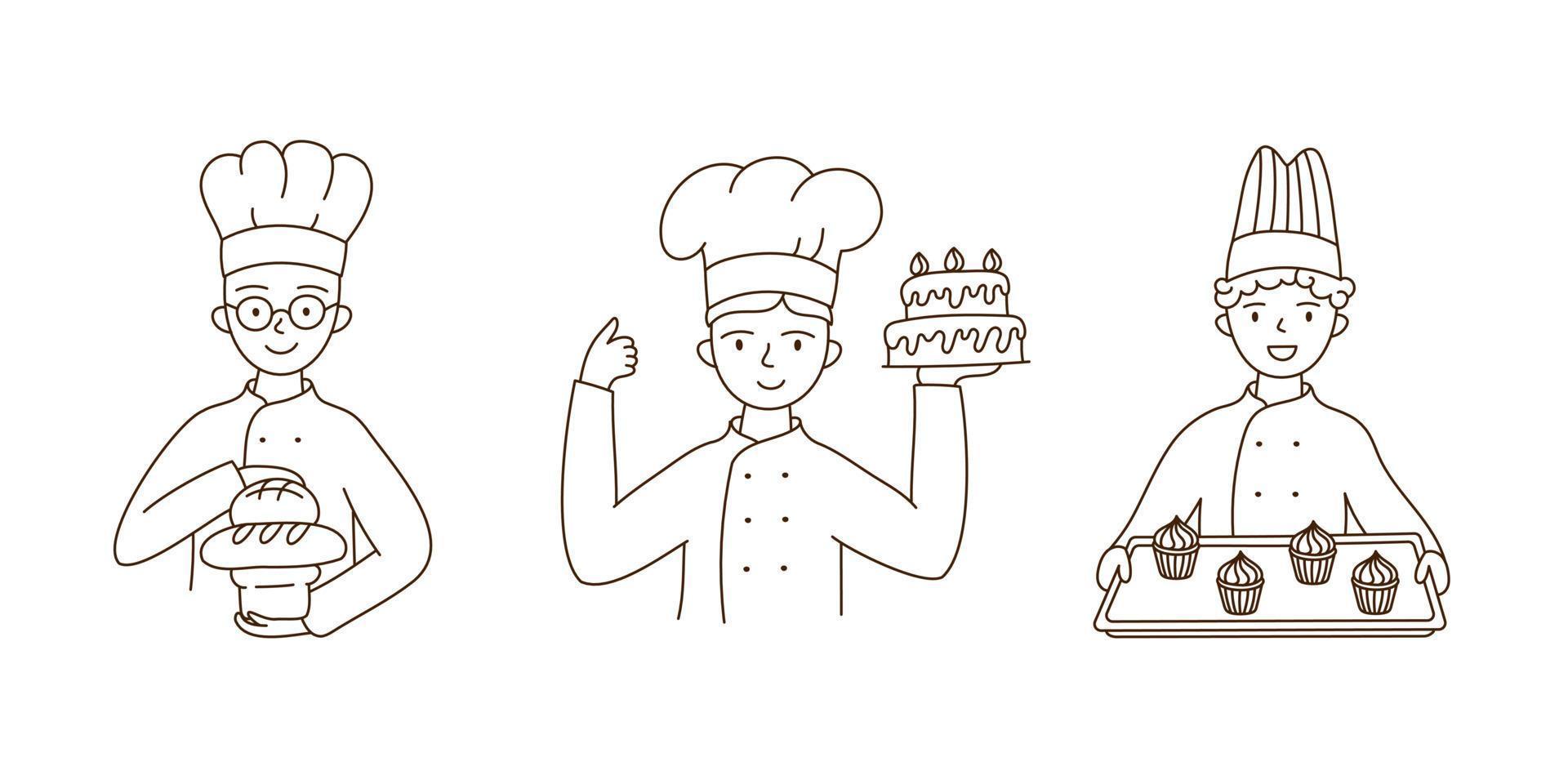mettere i fornai in uniforme da chef con vari prodotti da forno. per la panetteria, pubblicità, sito web. illustrazione vettoriale