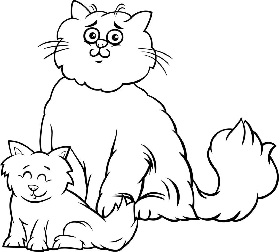 mamma del gatto del fumetto con la pagina del libro da colorare del gattino vettore