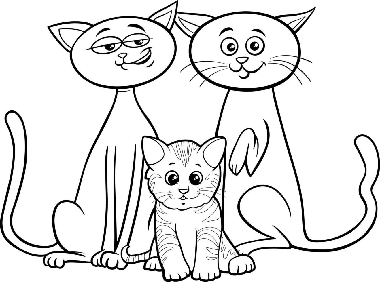 famiglia del gatto del fumetto con la pagina del libro da colorare del gattino vettore