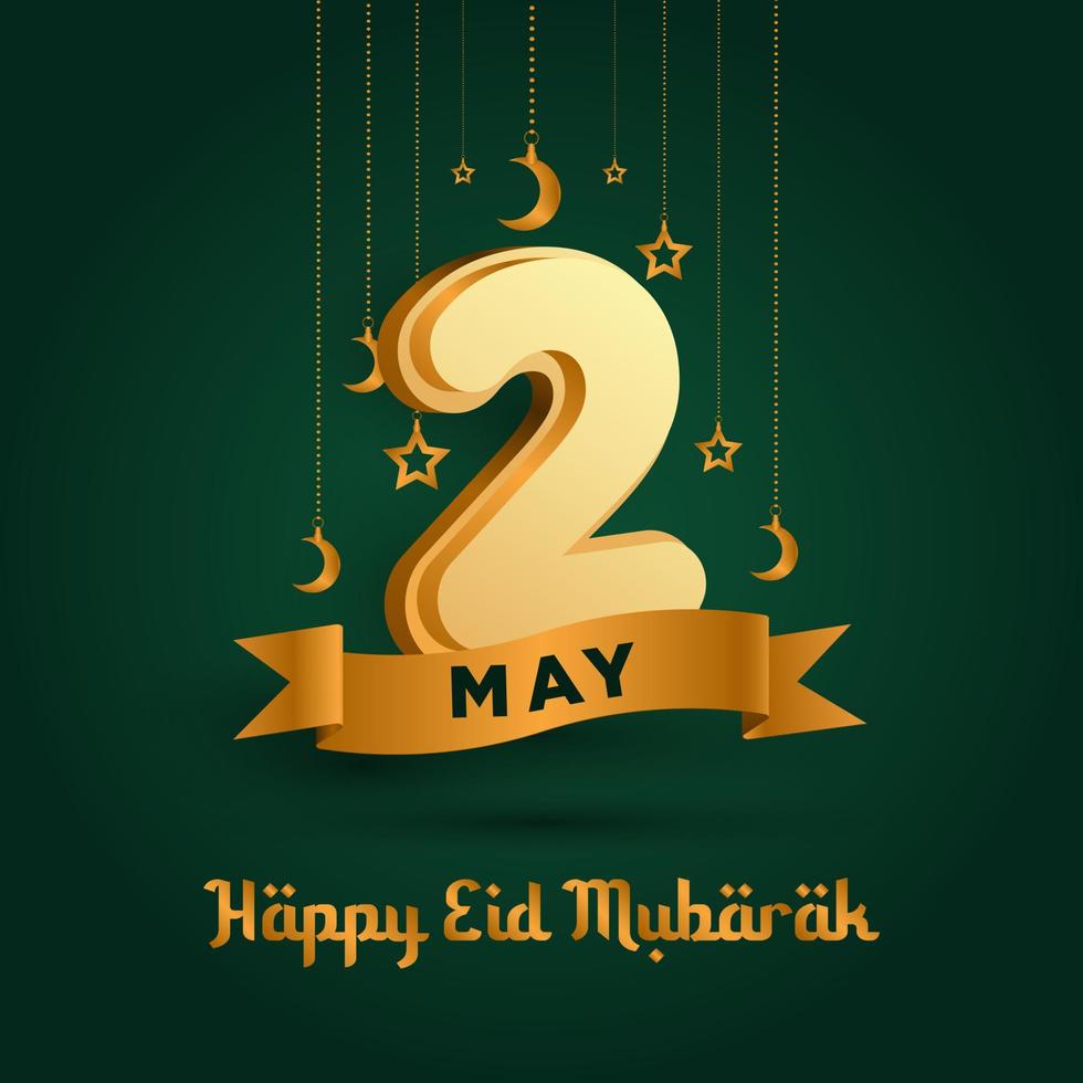 2 maggio poster o striscione del giorno eid al-fitr con decorazione di luna e stelle su sfondo verde smeraldo vettore