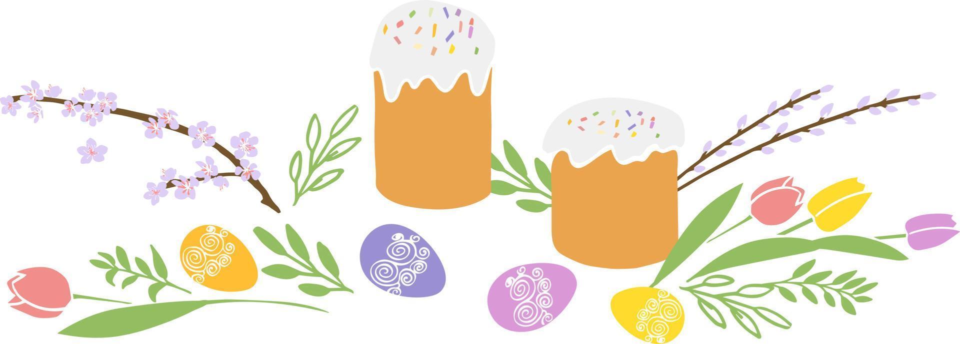 illustrazione della cartolina d'auguri di buona pasqua con la torta e l'uovo di pasqua tradizionali di simbolo, fiori di primavera vettore