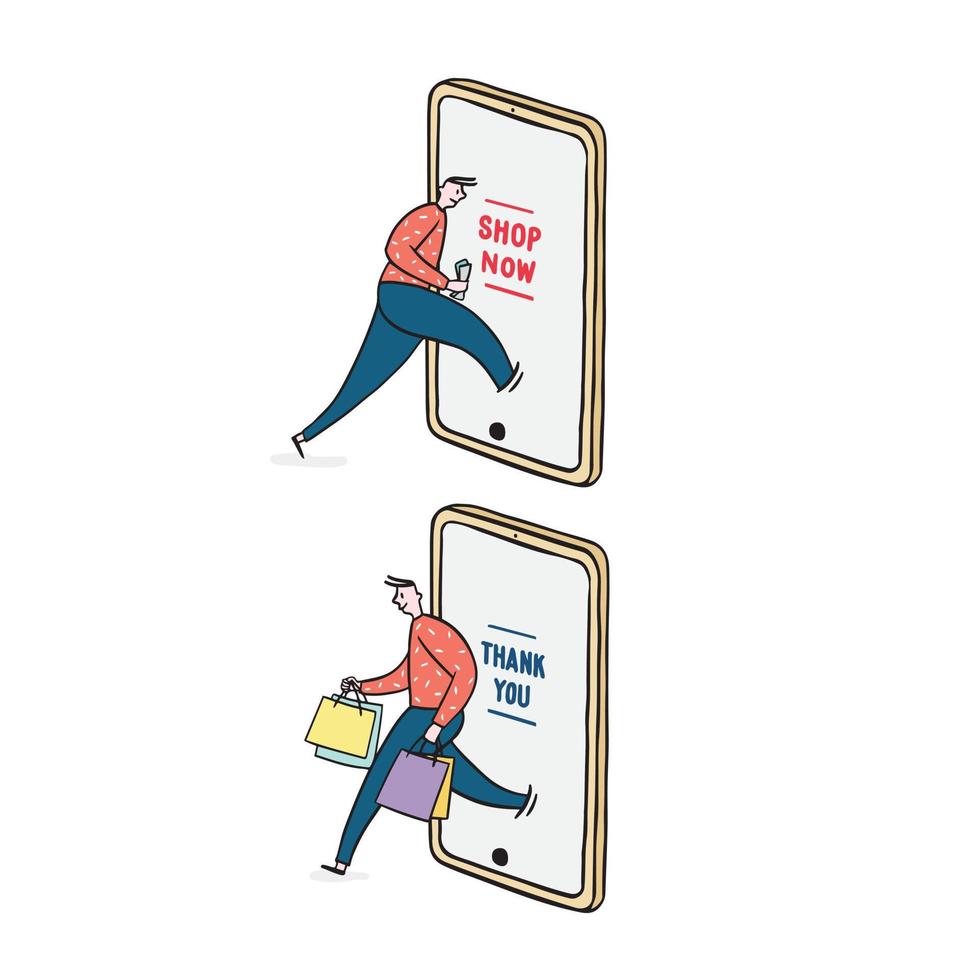 illustrazione vettoriale disegnata a mano dell'uomo che utilizza lo smartphone per lo shopping online. l'uomo esce dal cellulare con la borsa della spesa.