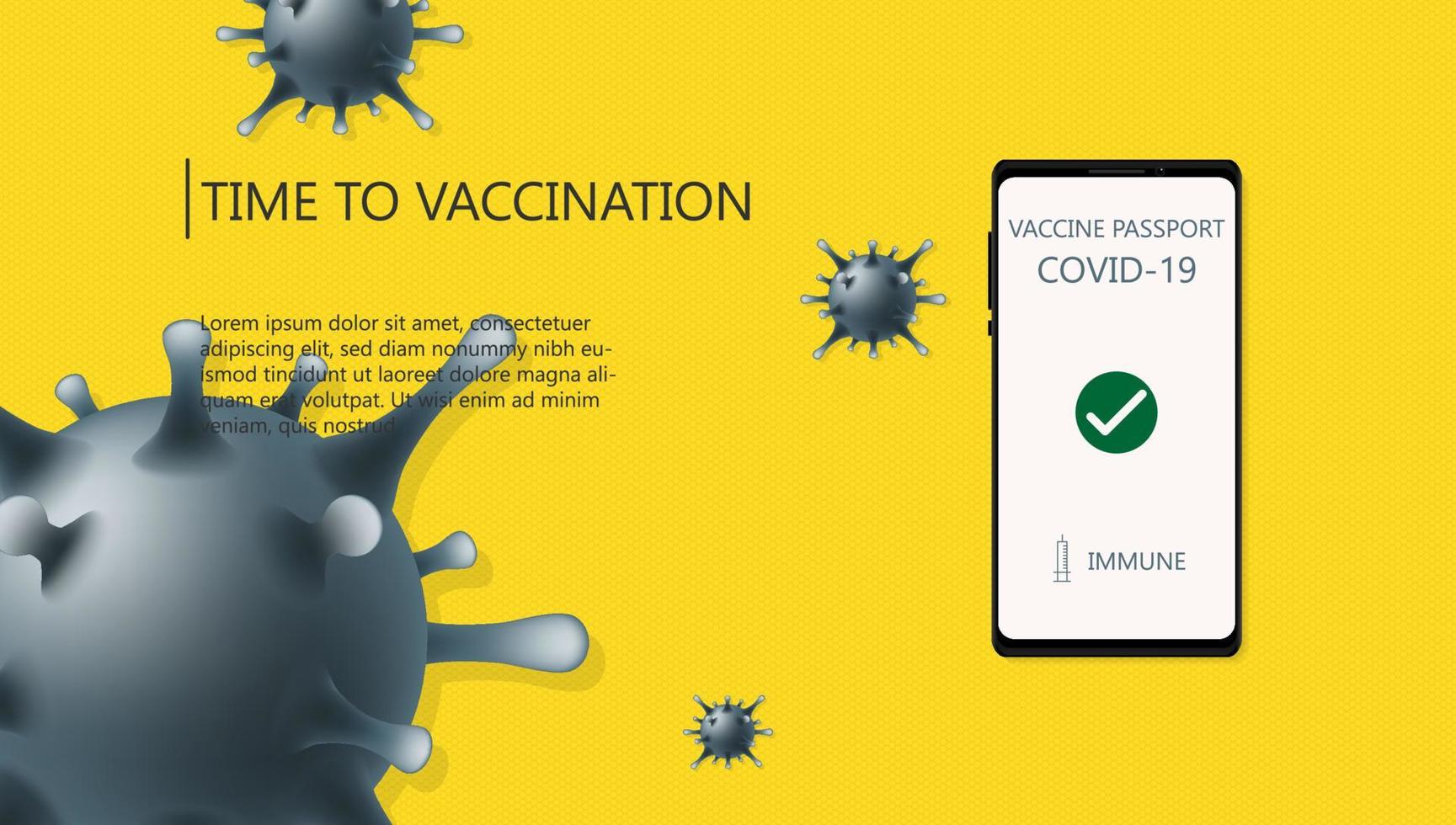sensibilizzazione della campagna di vaccinazione covid-19 sull'app per smartphone con concetto di test approvato dal passaporto del vaccino, sfondo giallo brillante. vettore