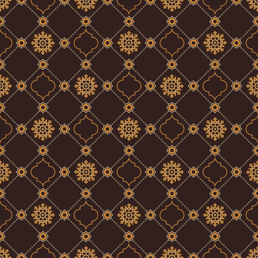 stella geometrica islamica e griglia a forma di quadrifoglio motivo senza cuciture giallo marrone colore sfondo. modello sarong batik. utilizzare per tessuto, tessuto, copertina, elementi di decorazione d'interni, avvolgimento. vettore