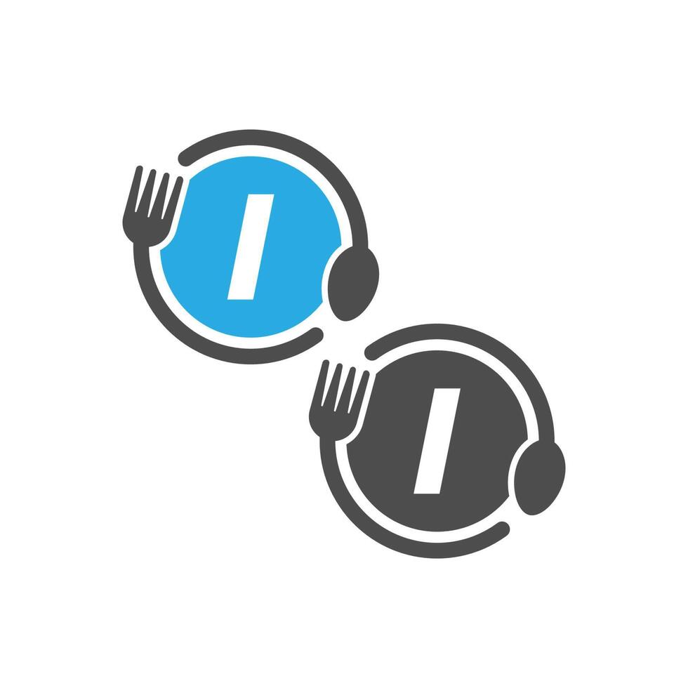forchetta e cucchiaio icona cerchio lettera i logo design vettore