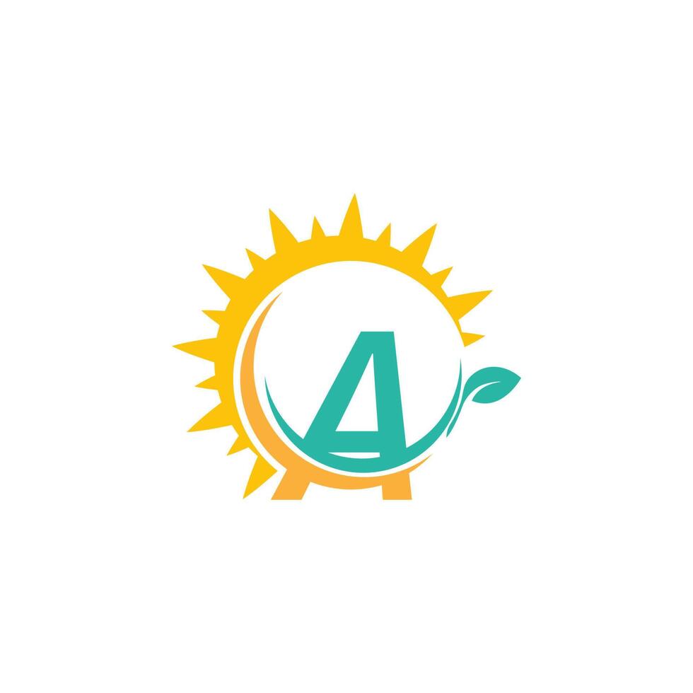lettera un logo icona con foglia combinato con il design del sole vettore