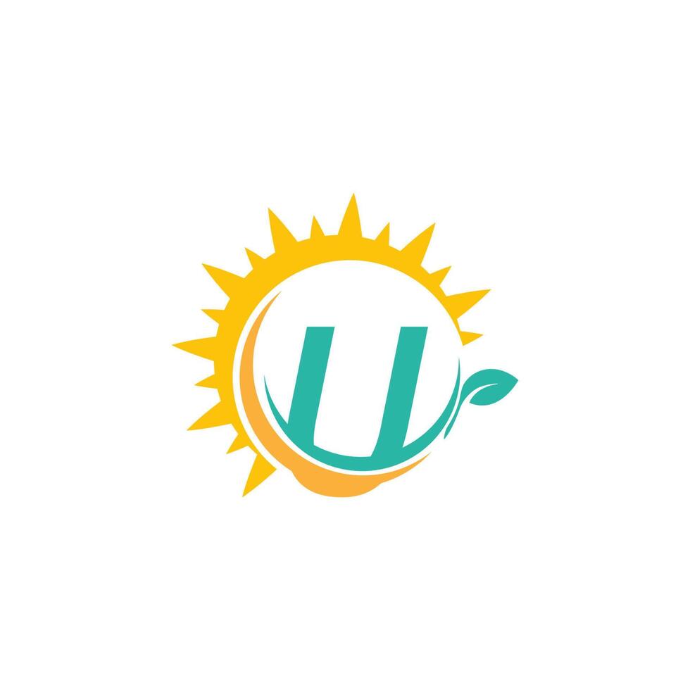 logo icona lettera u con foglia combinato con design sole vettore