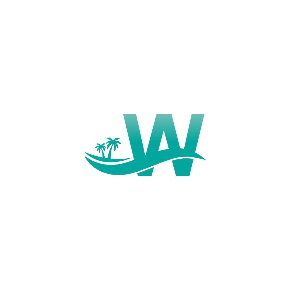 lettera w logo albero di cocco e disegno dell'icona dell'onda d'acqua vettore