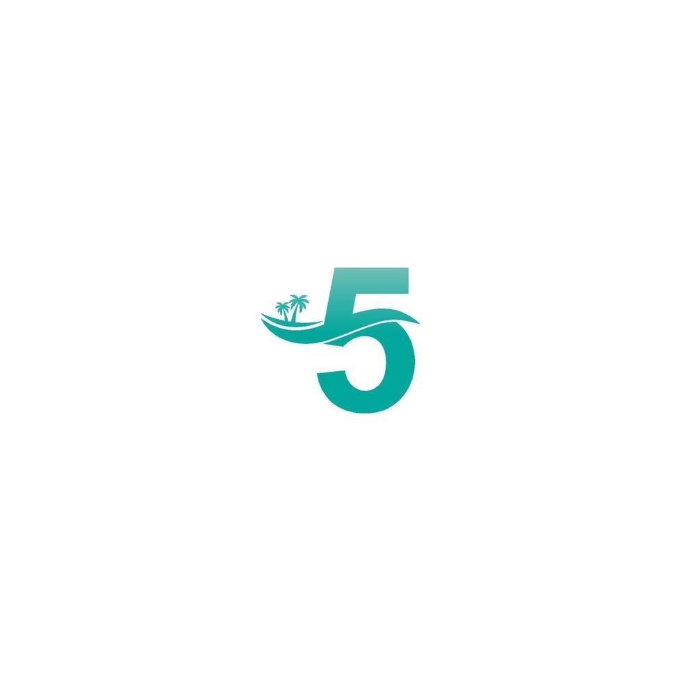 numero 5 logo albero di cocco e disegno dell'icona dell'onda d'acqua vettore