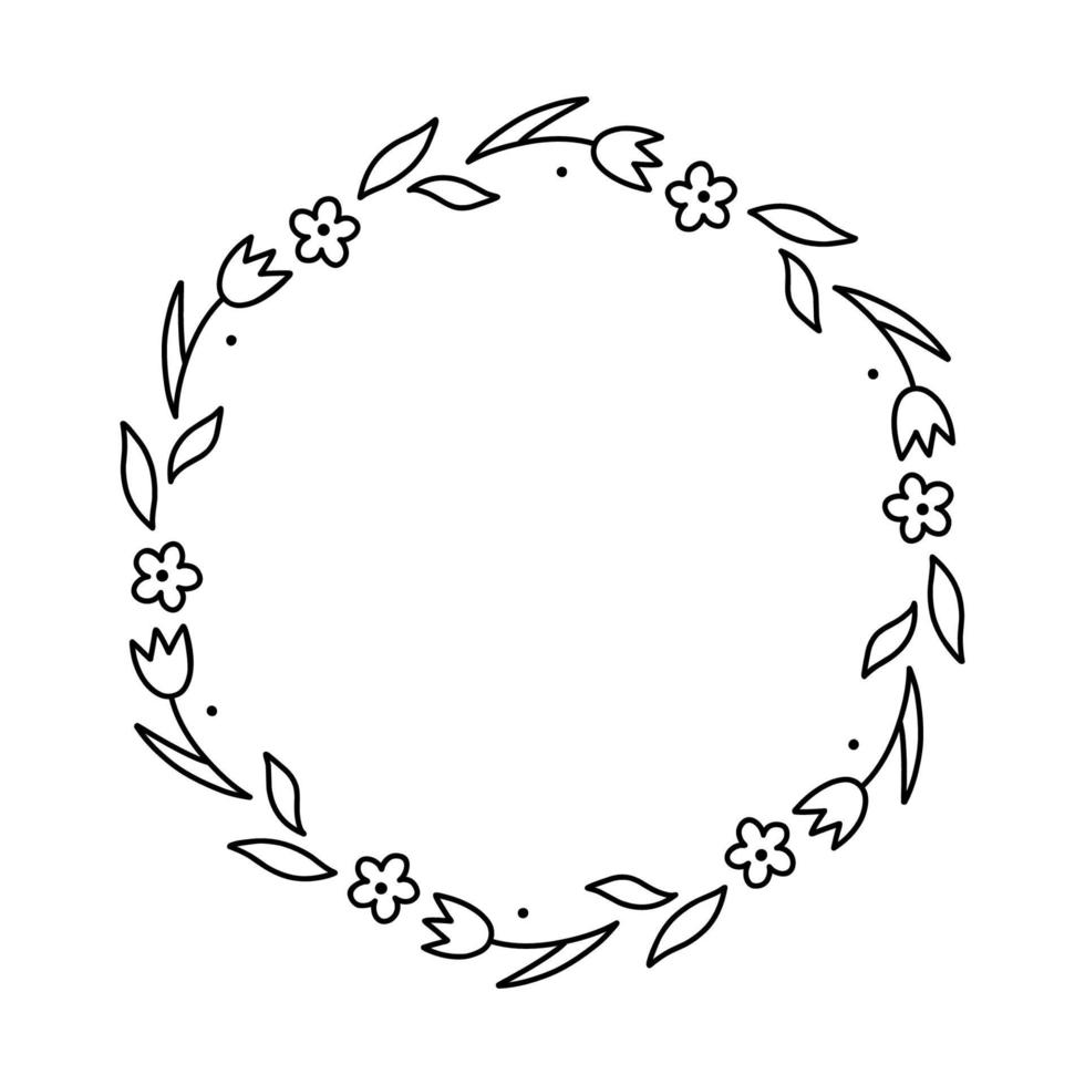 corona floreale primaverile isolata su sfondo bianco. cornice rotonda con fiori. illustrazione disegnata a mano di vettore in stile doodle. perfetto per biglietti, inviti, decorazioni, loghi, disegni vari.