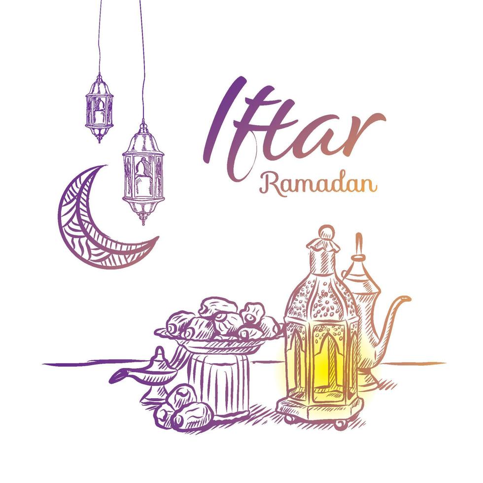 biglietto d'invito doodle ramadan e banner di saluto. vettore