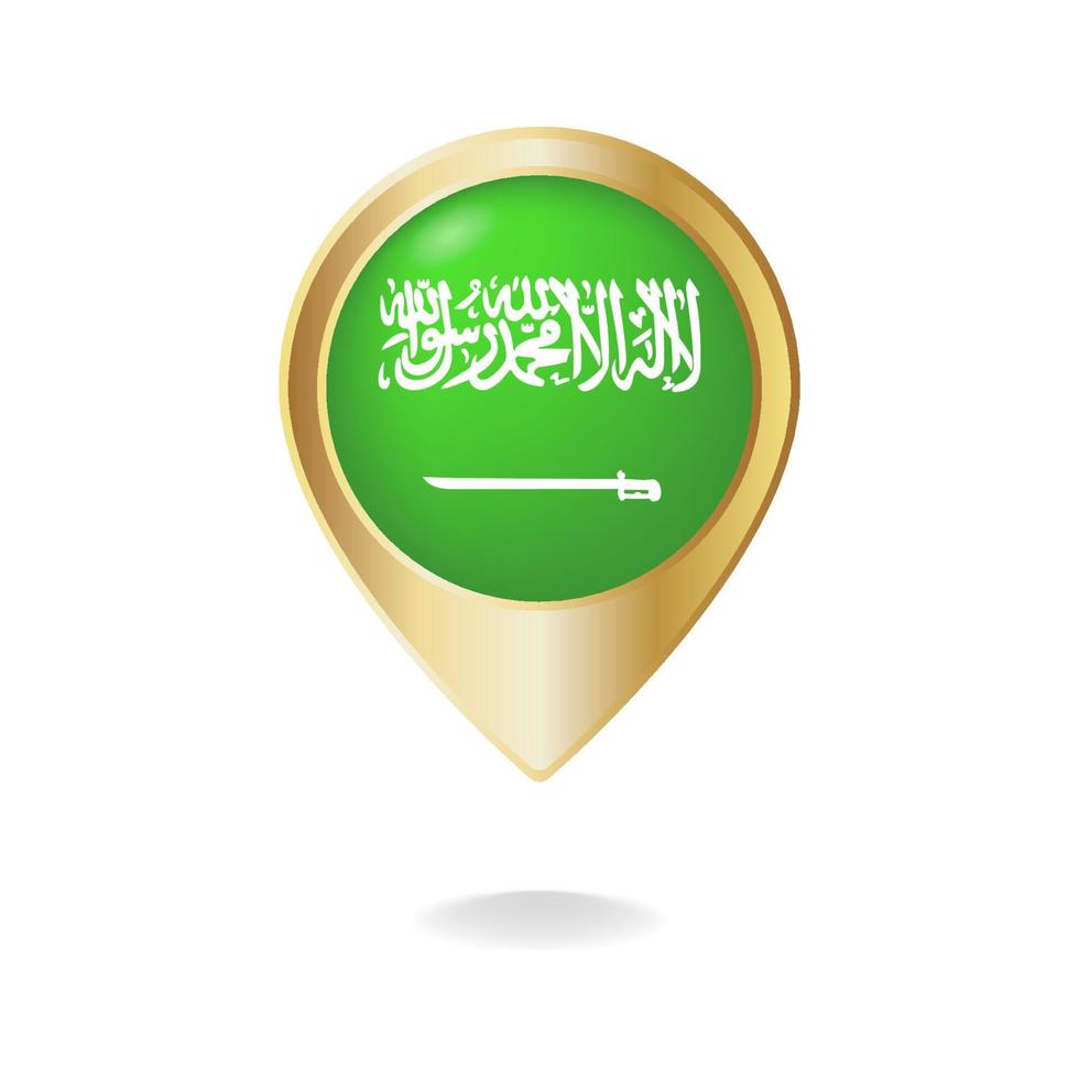 bandiera dell'arabia saudita sulla mappa del puntatore dorato, illustrazione vettoriale eps.10
