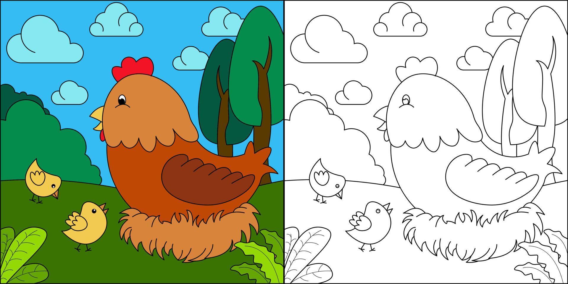chioccia e due pulcini adatti per l'illustrazione di vettore della pagina da colorare dei bambini