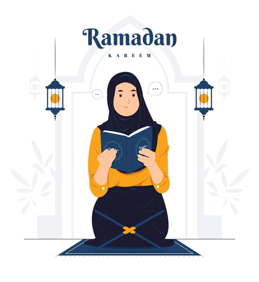 la donna prega e legge il corano sull'illustrazione del concetto di ramadan kareem vettore