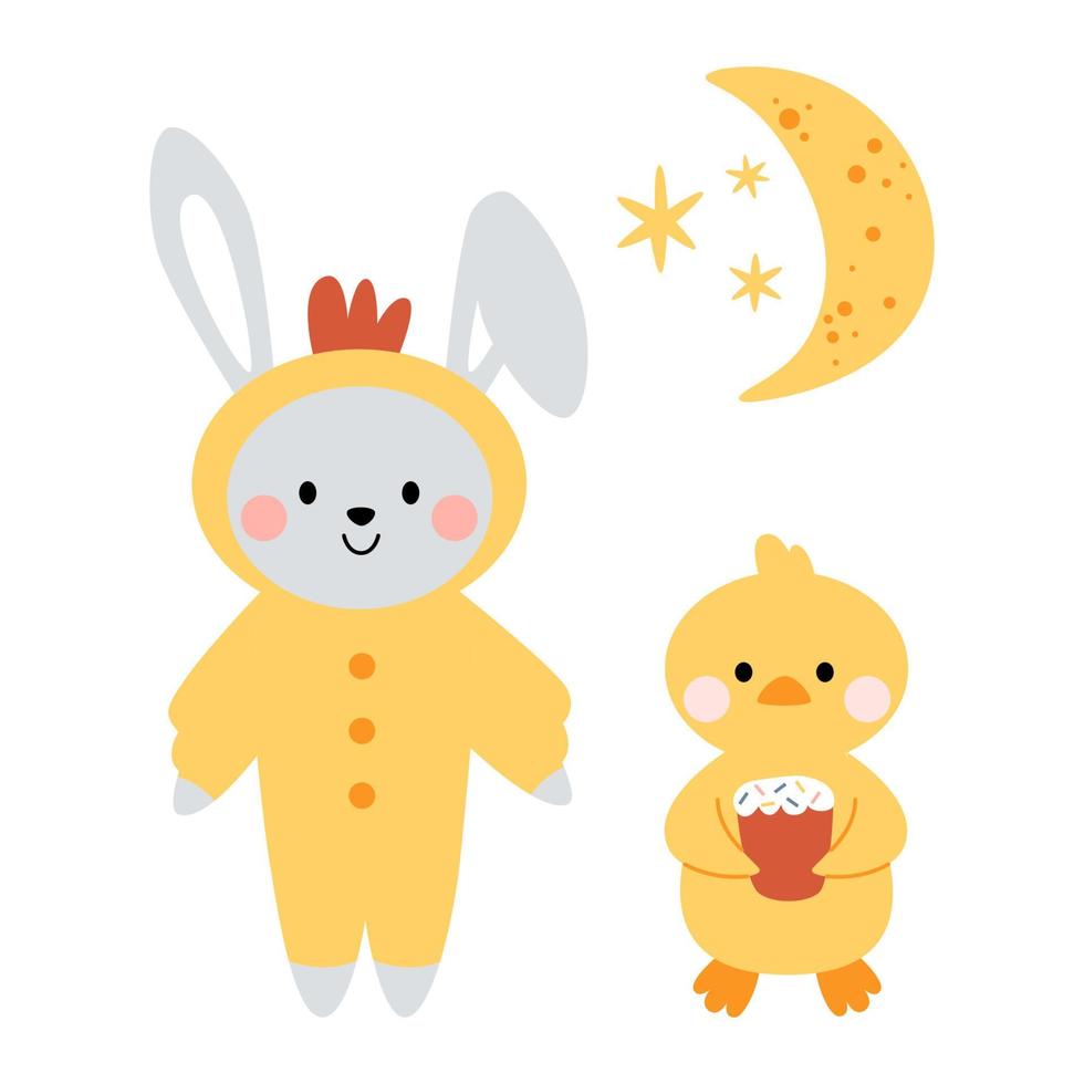 coniglietto kawaii carino, costume da coniglio un pollo e pollo, anatroccolo con luna e stelle. Buona Pasqua. clipart affascinanti per cartoline, stampe, banner, modelli, social media, web. vettore