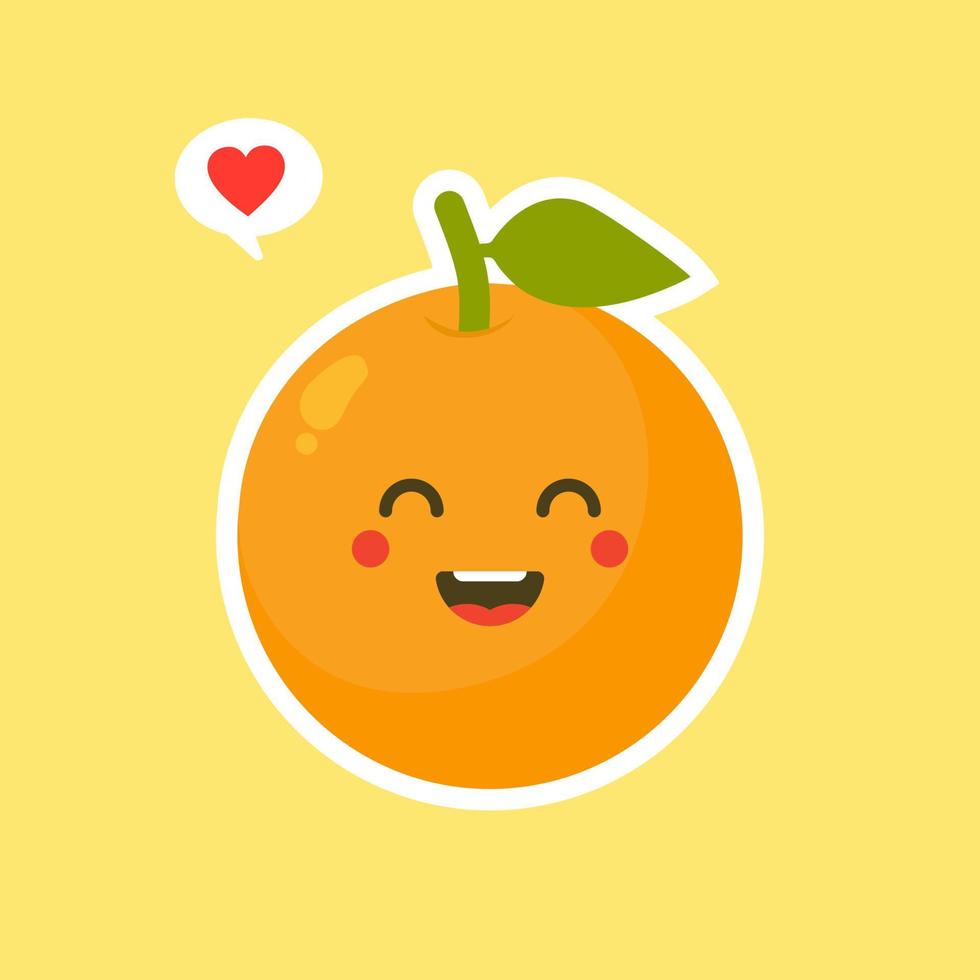 personaggio dei cartoni animati di frutta arancione carino e kawaii isolato su sfondo colorato vettore. icona faccia emoticon arancione divertente e amichevole. sorriso felice cartone animato viso cibo, mascotte di frutta comica vettore