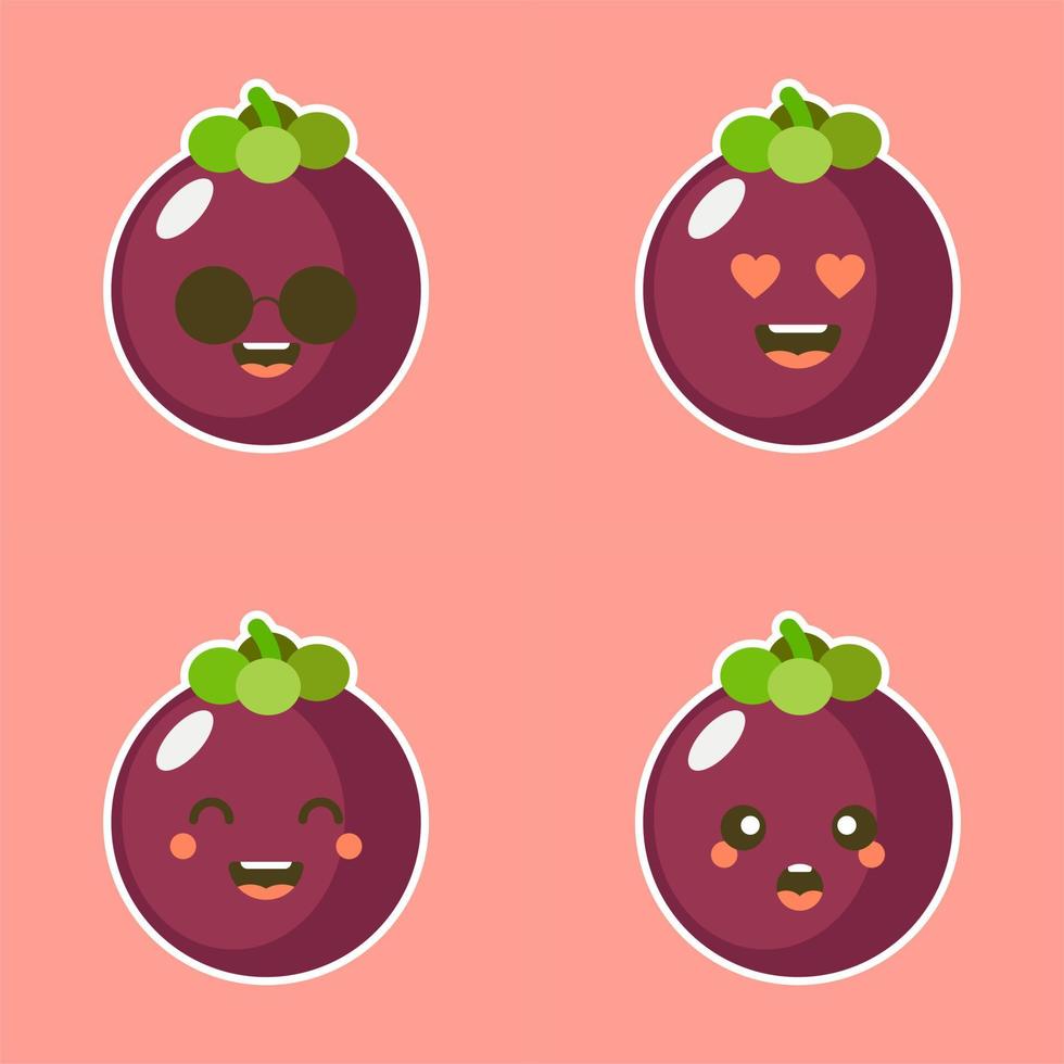 illustrazione di mangostano cartone animato piatto carino e kawaii. illustrazione vettoriale di mangostano carino con un'espressione sorridente. simpatico disegno della mascotte della frutta