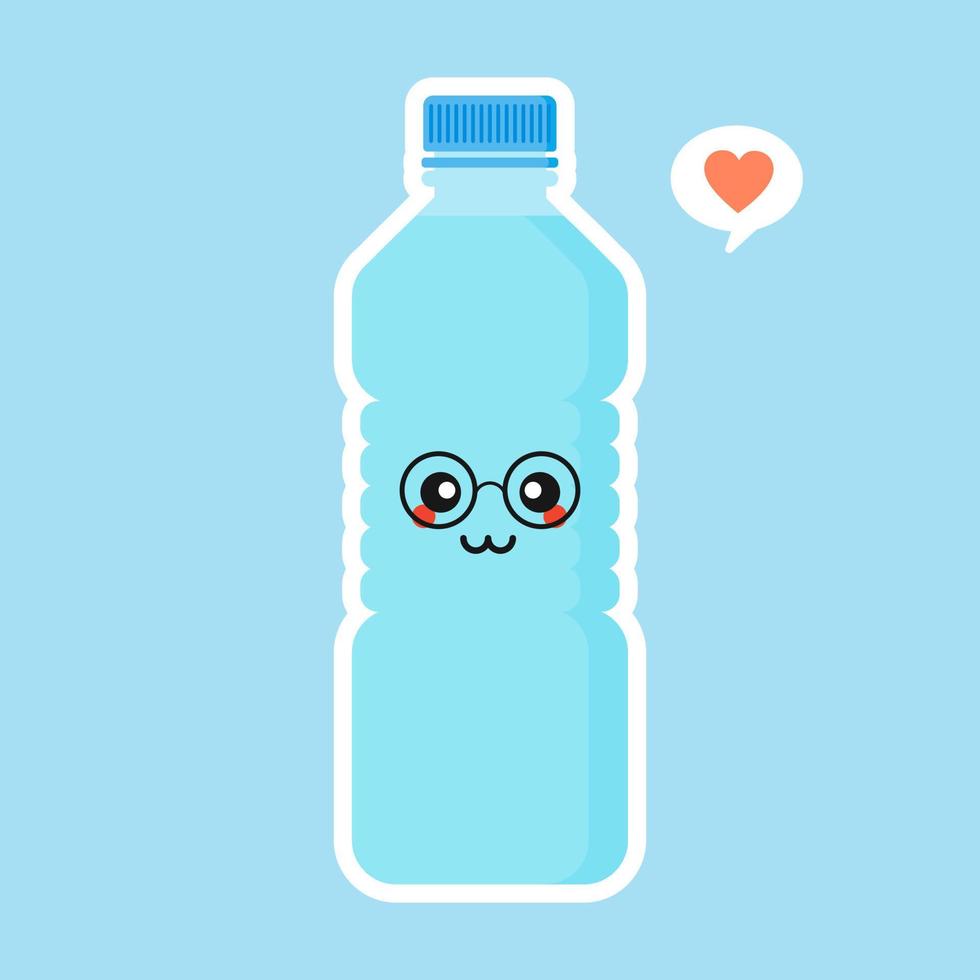 simpatico e kawaii personaggio dei cartoni animati di acqua minerale. bottiglia d'acqua divertente. concetto per una sana alimentazione e bere acqua minerale. illustrazione vettoriale dal design piatto, emoji semplici e design di emoticon