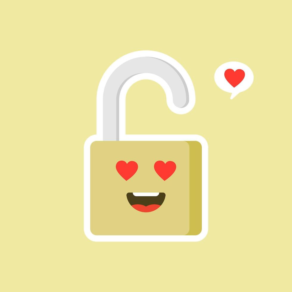 icona del lucchetto aperto. carattere kawaii sicuro lucchetto. icona del colore del lucchetto sorridente. password affidabile. protezione, sicurezza. facile sicurezza. felice lucchetto. emoji, emoticon. illustrazione vettoriale isolata