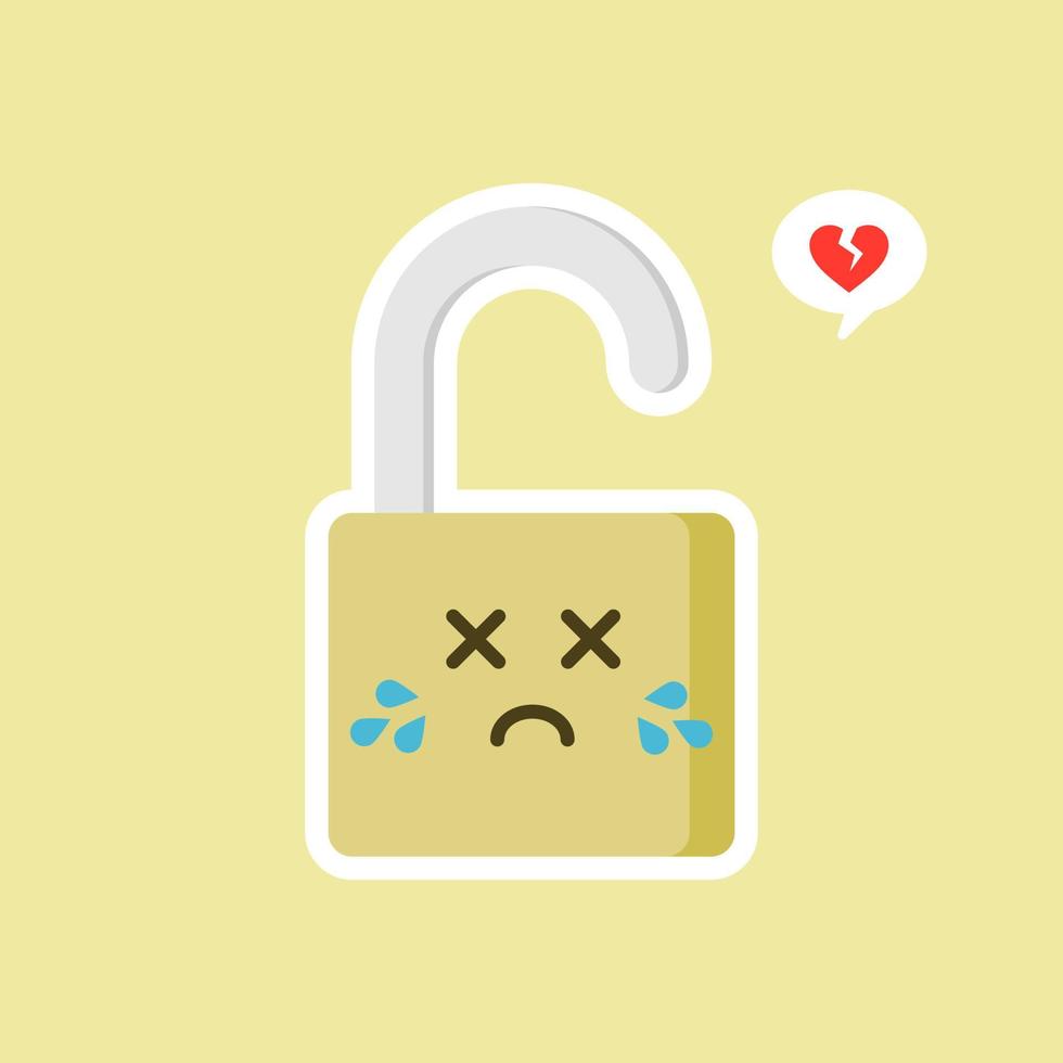 icona del lucchetto aperto. carattere kawaii sicuro lucchetto. icona del colore del lucchetto sorridente. password affidabile. protezione, sicurezza. facile sicurezza. felice lucchetto. emoji, emoticon. illustrazione vettoriale isolata