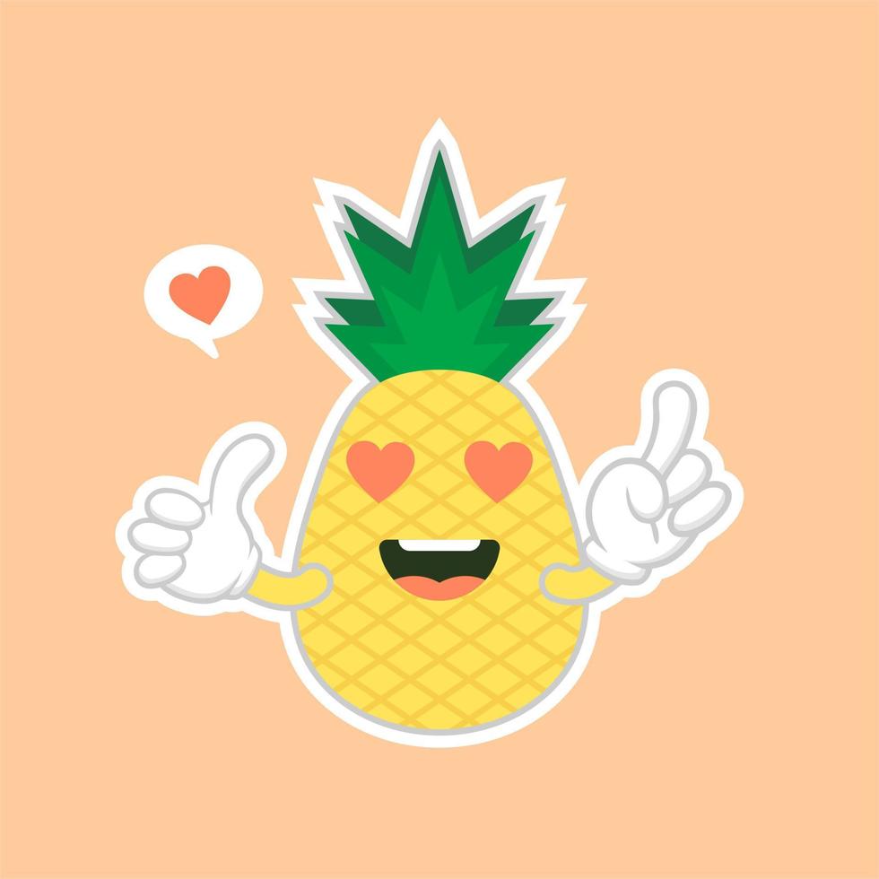 simpatici personaggi di ananas e kawaii, mascotte ananas simpatici personaggi impostati per l'estate. succo d'ananas, frutta tropicale, resort estivo. concetto di vacanza. per argomenti come frutta, estate, viaggi vettore