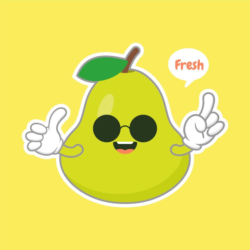 simpatici e felici personaggi di pera verde in stile cartone animato per cibo sano, vegano e design di cucina. frutta pera kawaii con espressione divertente vettore