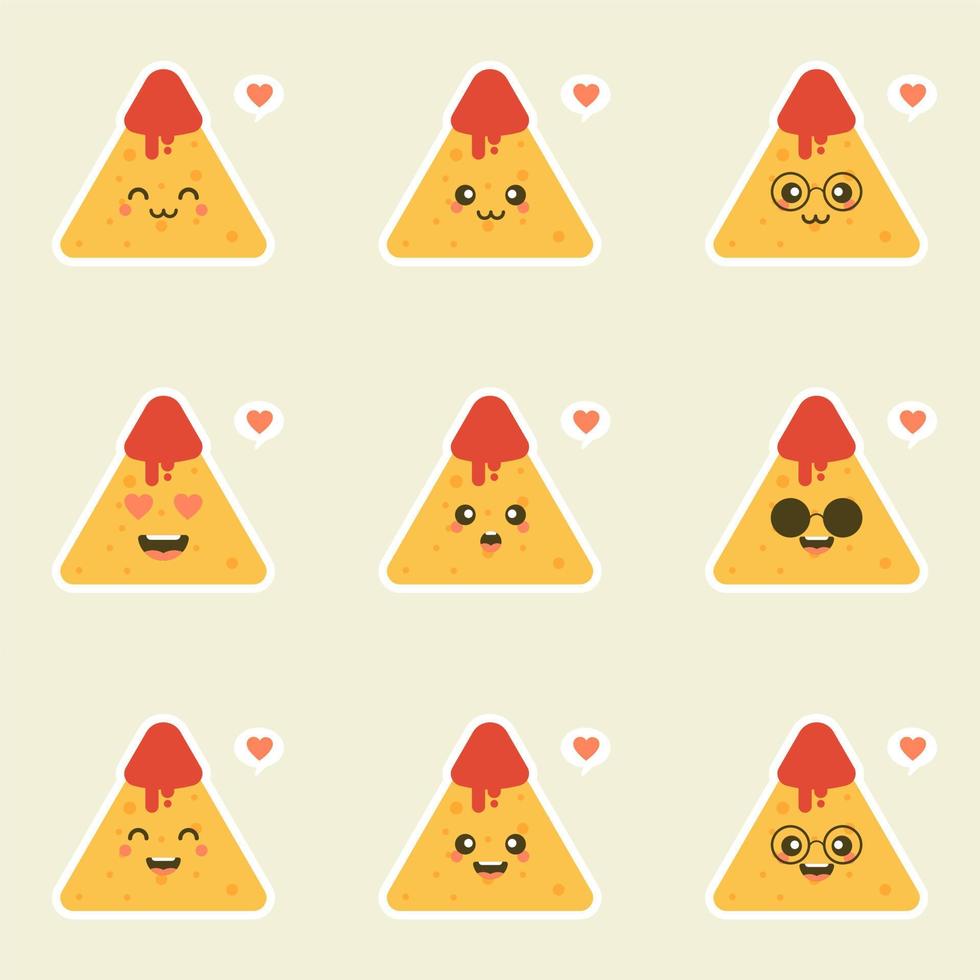 personaggi divertenti nachos con salsa di pomodoro. buon cibo messicano. illustrazione vettoriale