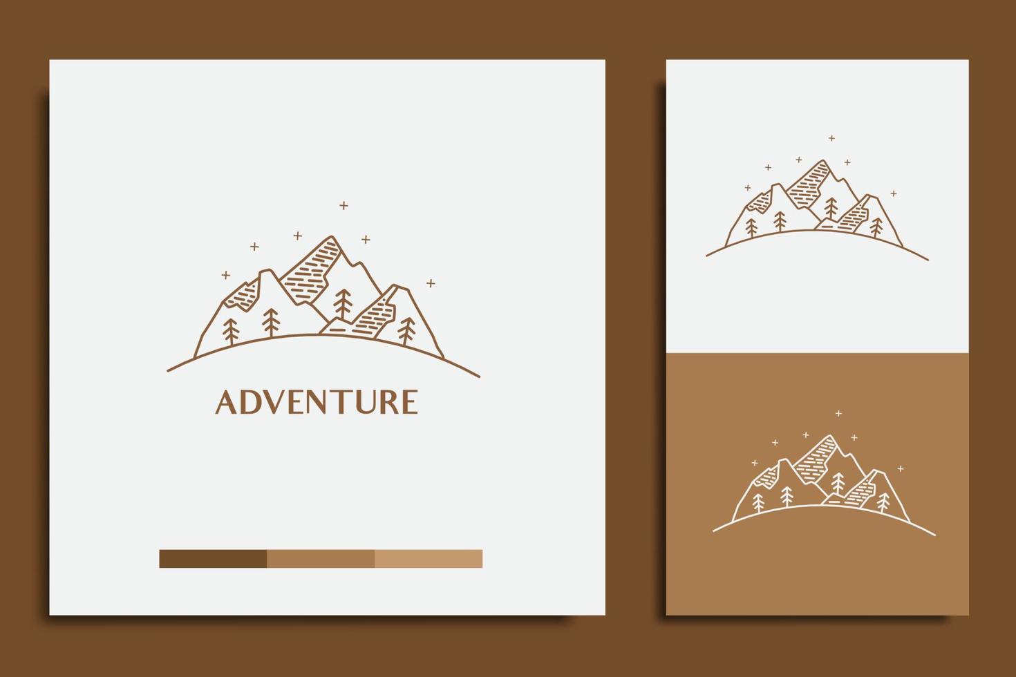 design del logo avventura, con icona di montagne e alberi vettore