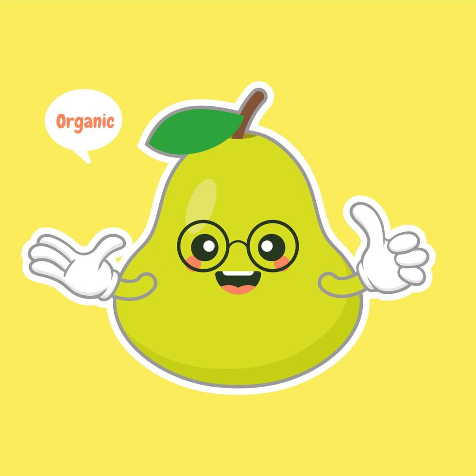 simpatici e felici personaggi di pera verde in stile cartone animato per cibo sano, vegano e design di cucina. frutta pera kawaii con espressione divertente vettore