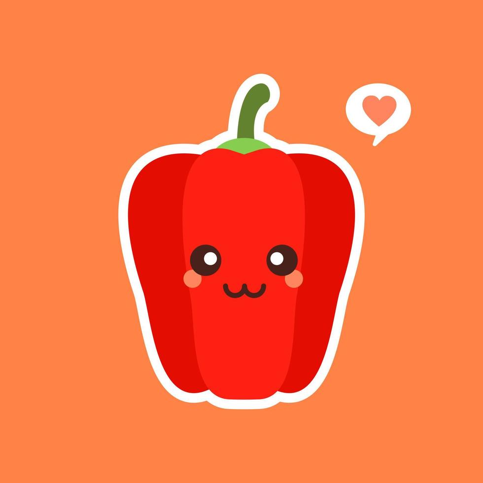 paprika rossa carina e kawaii. concetto di cibo sano. peperone con emoticon emoji. personaggi dei cartoni animati per bambini libro da colorare, pagine da colorare, stampa t-shirt, icona, logo, etichetta, toppa, adesivo, vegano vettore