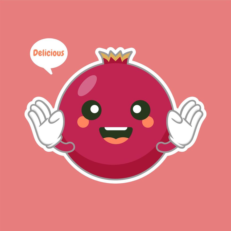 simpatico e kawaii personaggio dei cartoni animati di melograno isolato su sfondo colorato illustrazione vettoriale. icona faccia emoticon positiva e amichevole divertente. sorriso felice cartone animato viso cibo emoji, frutta comica vettore