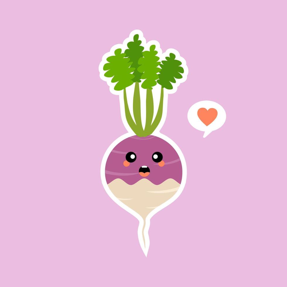 illustrazione vettoriale di design piatto rapa viola. adorabile cartone animato ravanello e allegro personaggio amichevole di rapa. illustrazione vettoriale. mascotte vegetale kawaii per vegani e vegetariani