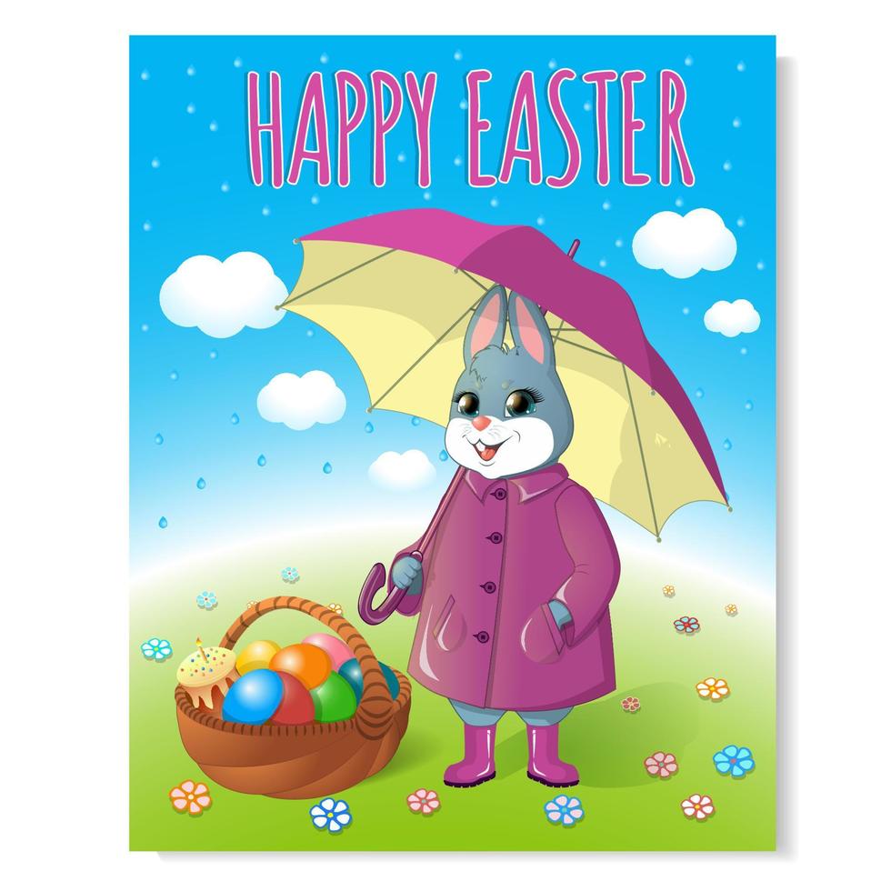 poster festivo per pasqua. coniglio in un mantello viola con un ombrello e un cesto di uova dipinte. torta con una candela accesa. contro il cielo azzurro e l'erba verde. illustrazione vettoriale. vettore