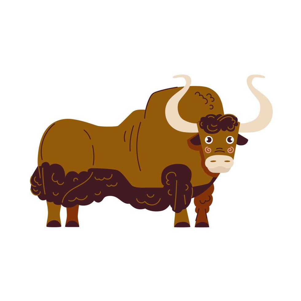illustrazione vettoriale di yak in stile cartone animato. clipart grande toro marrone per bambini design isolato su sfondo bianco