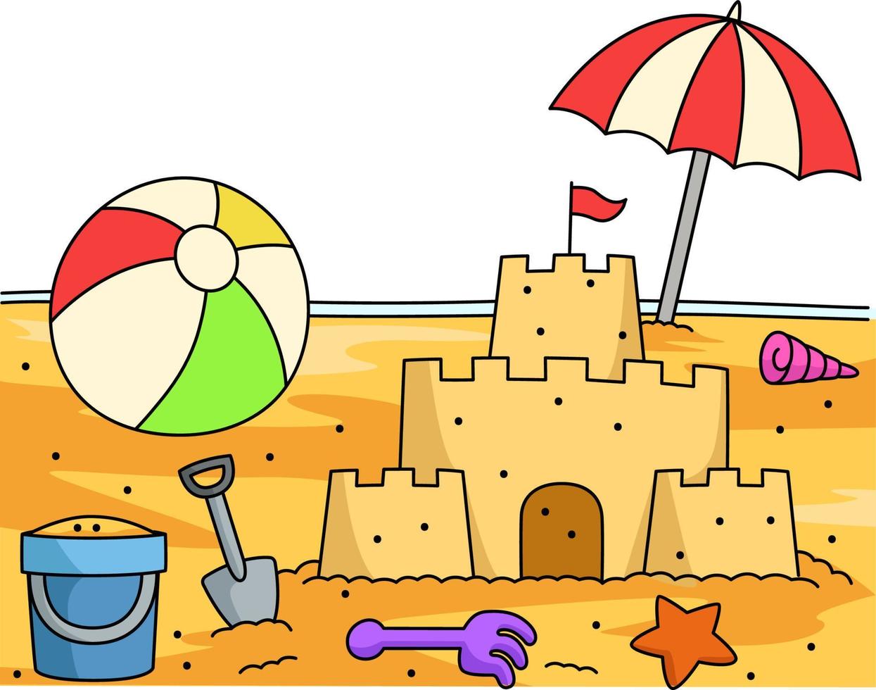 giocattoli sulla spiaggia cartone animato colorato clipart vettore