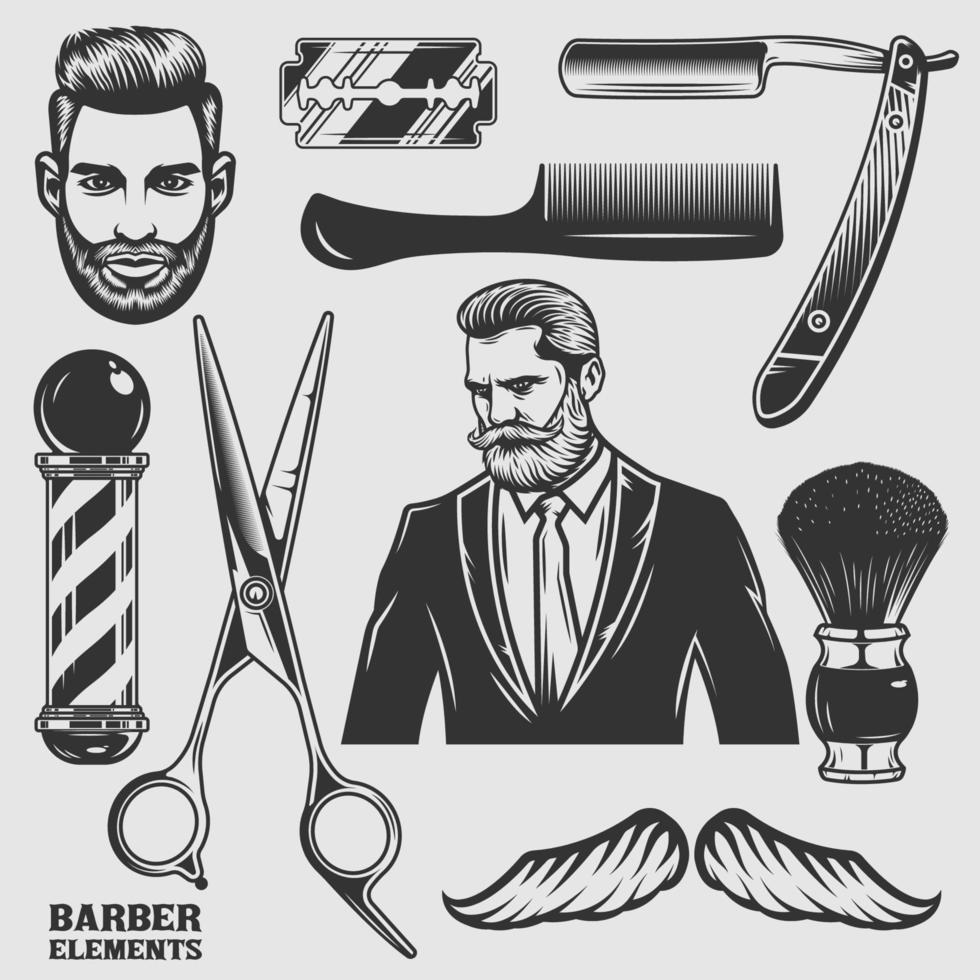 set di elementi vintage da barbiere vettore