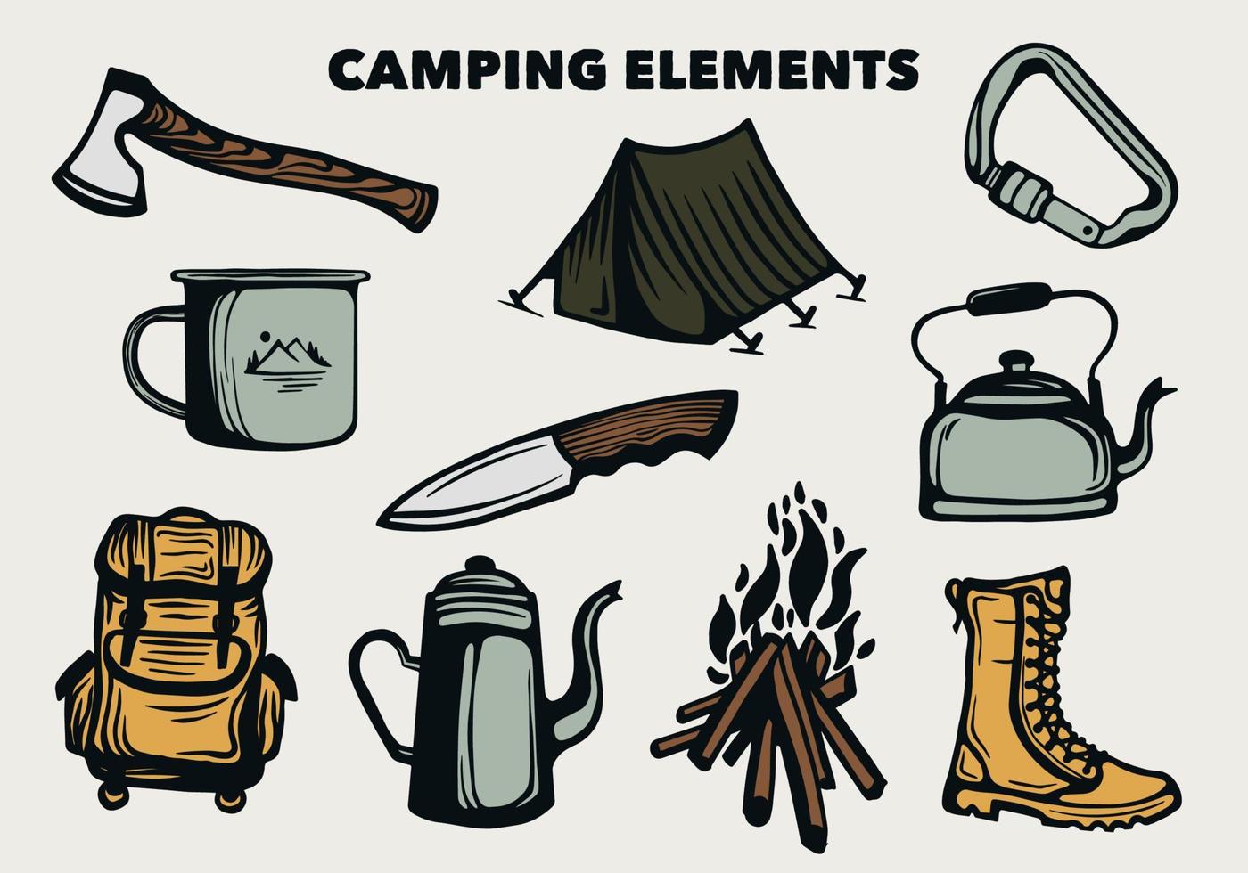 elementi da campeggio e raccolta di set di strumenti per escursioni vettore