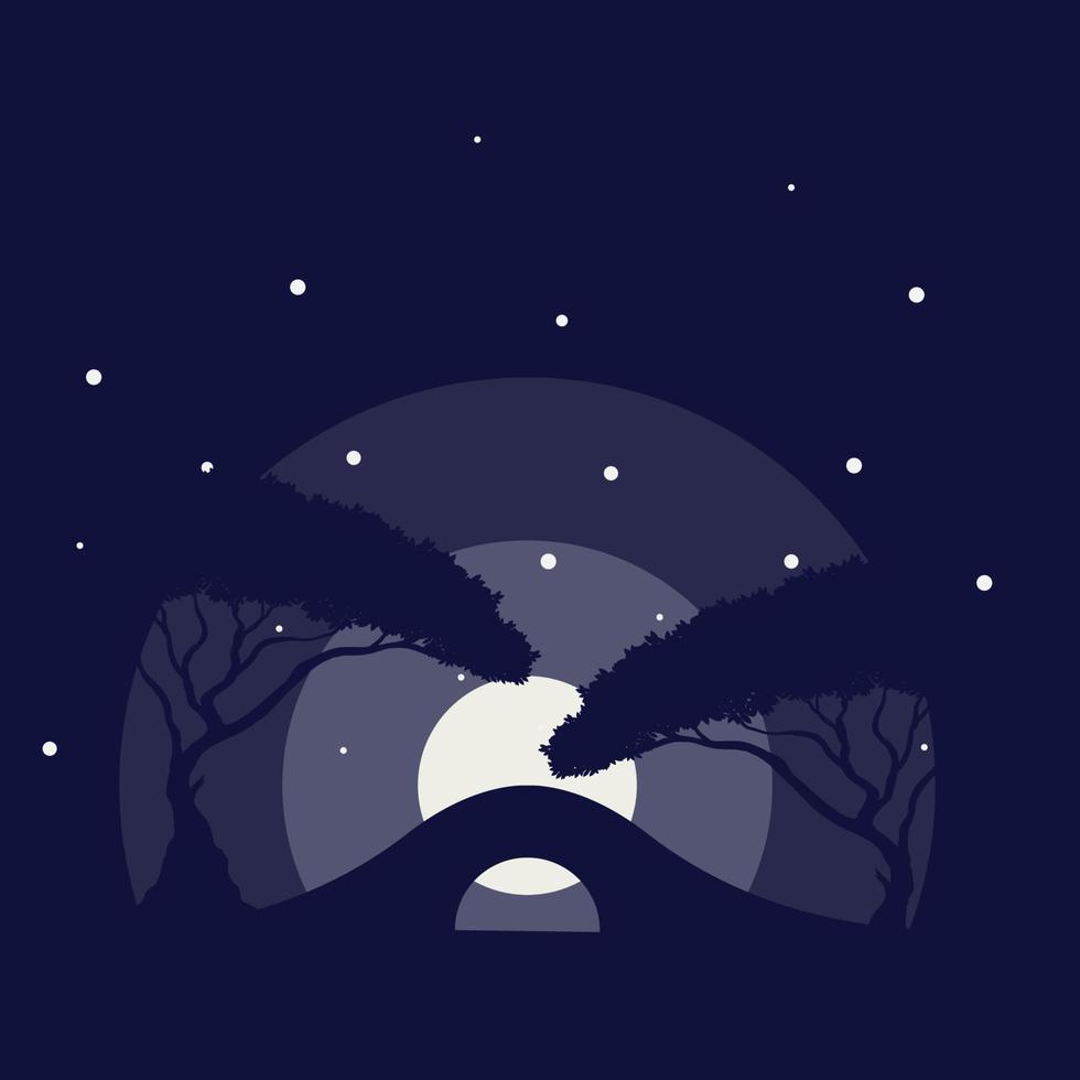 ponte e albero da giardino con disegno di illustrazione dell'icona di vettore del logo della luna