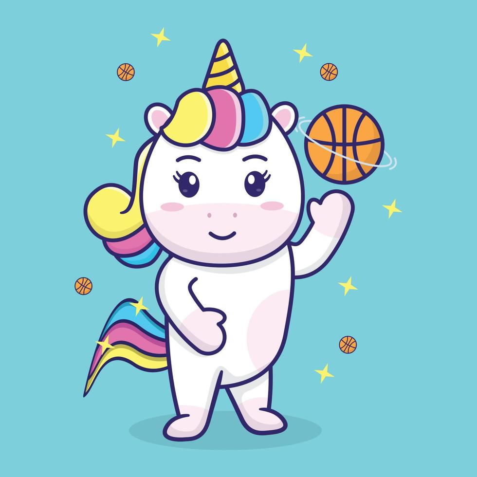 simpatico unicorno che gioca a basket, adatto per libri per bambini, biglietti di compleanno, San Valentino, adesivi, copertine di libri, biglietti di auguri, stampa. vettore