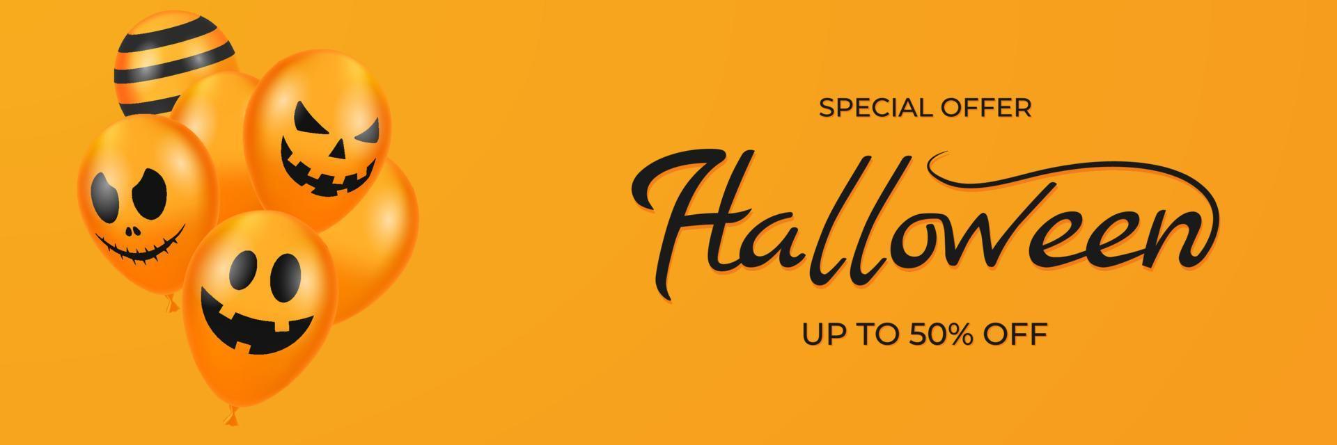 banner promozionale o poster per la vendita di halloween con palloncini spaventosi e pipistrelli di carta. illustrazione vettoriale per sito Web, poster, annunci, coupon, materiale promozionale.